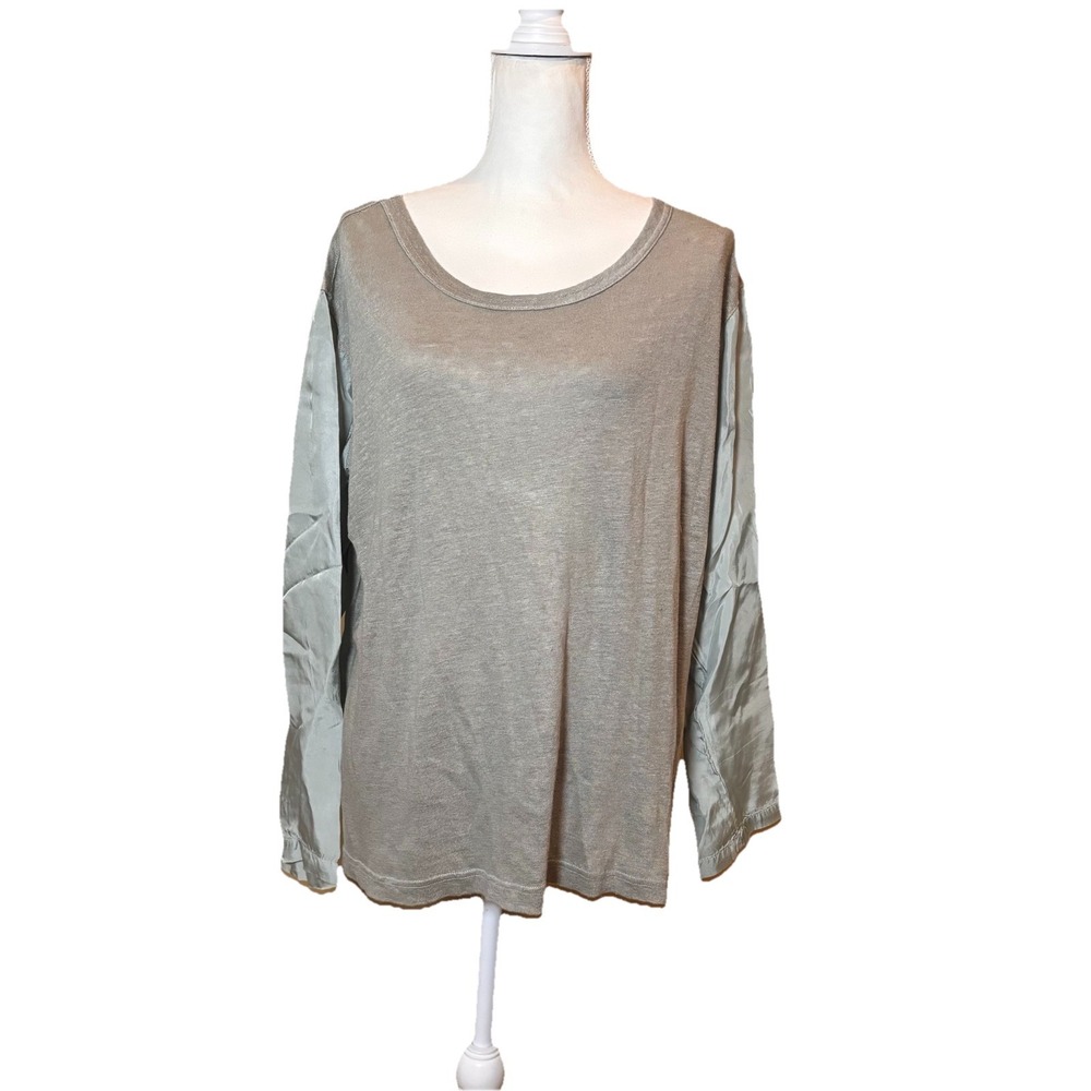 CP Shades Linen Mixed Media Top Small Sage Green Long Sleeve Casual